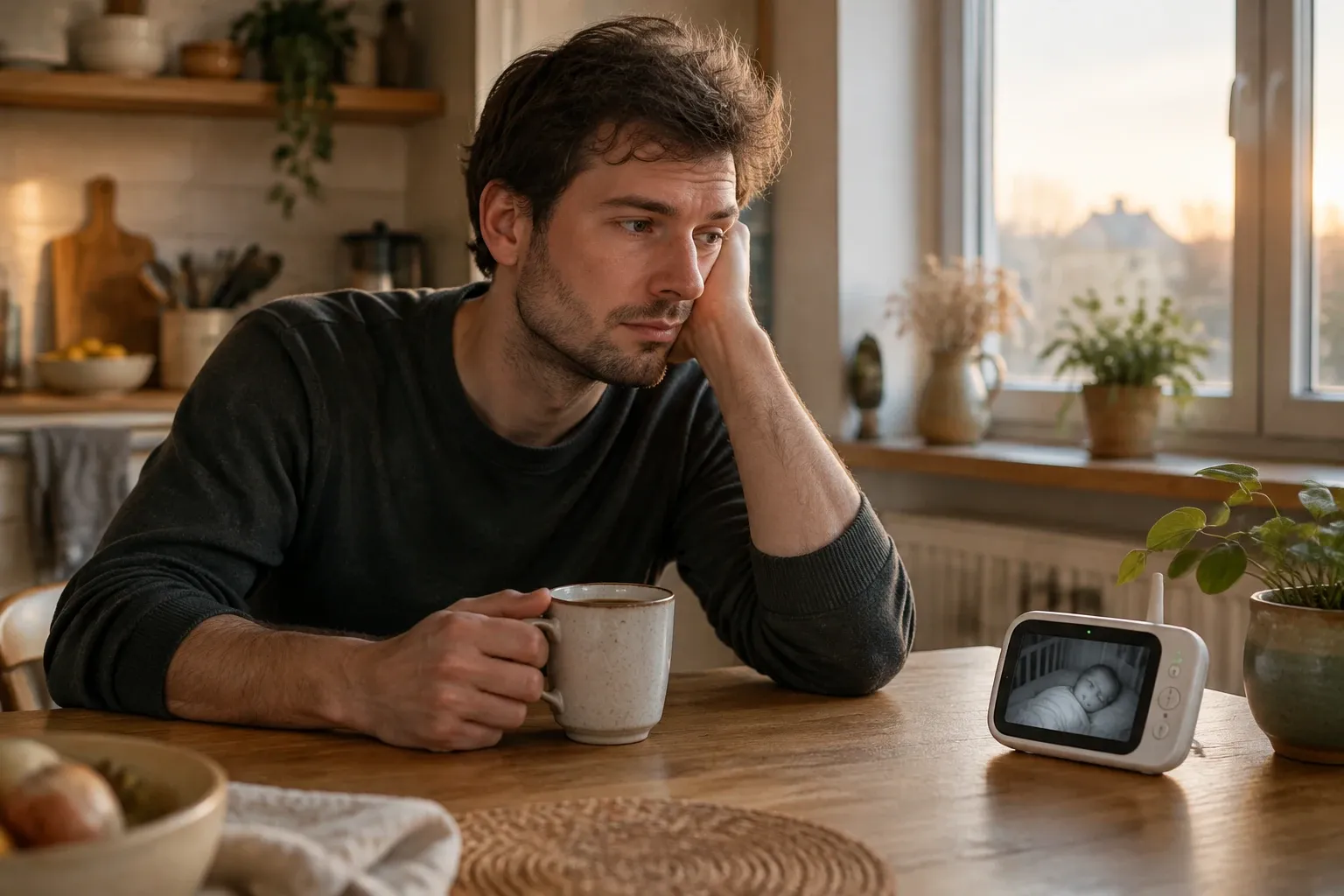 Unavený muž sedí u stolu s hrnkem, dívá se na dětskou chůvičku